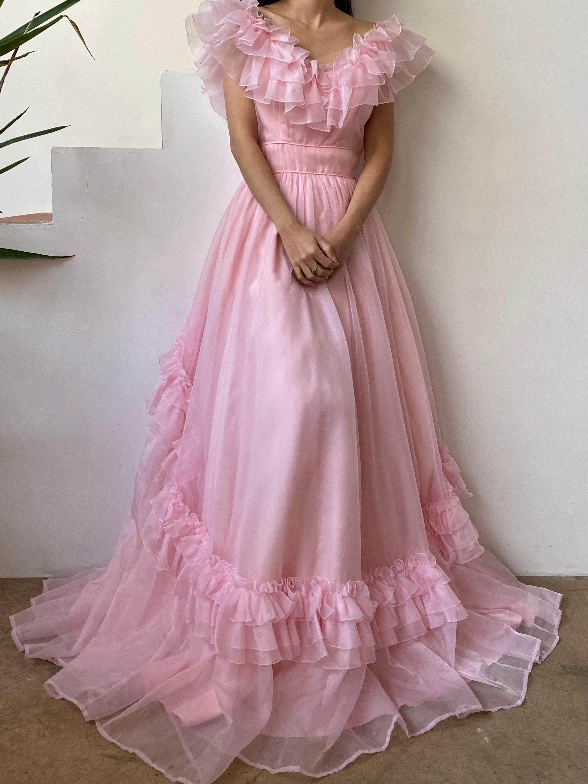 Vintage Pink Nylon Chiffon Ruffle Dress ...